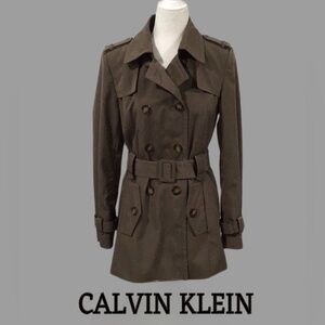 Calvin Klein Designer Double Breasted Trench Coat, Belt, Brown, Size Small